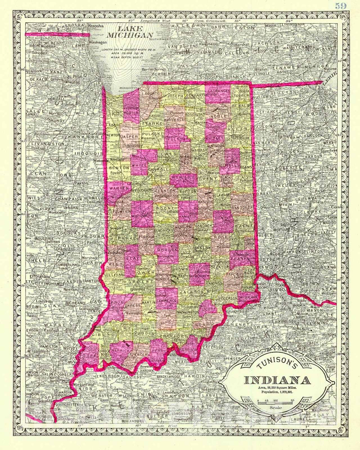 Historic Map : 1882 Tunison's Indiana : Vintage Wall Art