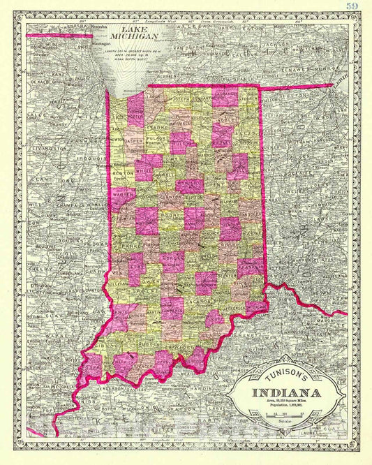 Historic Map : 1882 Tunison's Indiana : Vintage Wall Art