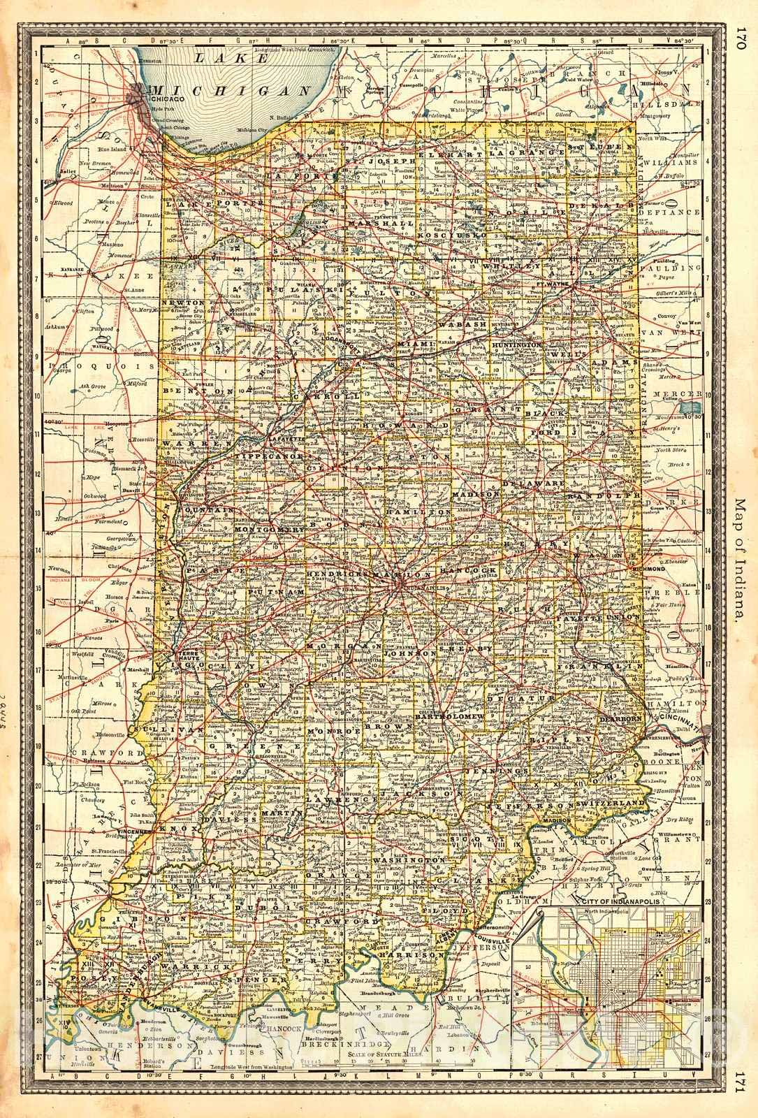 Historic Map : 1883 Map of Indiana : Vintage Wall Art
