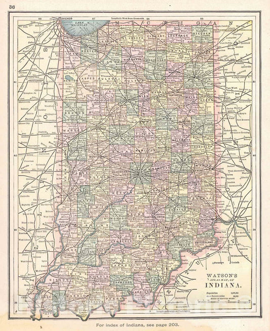 Historic Map : 1885 Watson's Atlas Map of Indiana : Vintage Wall Art