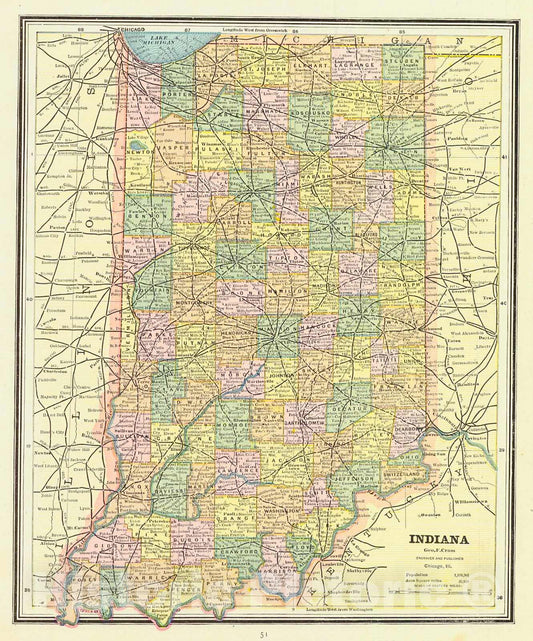 Historic Map : 1887 Indiana : Vintage Wall Art