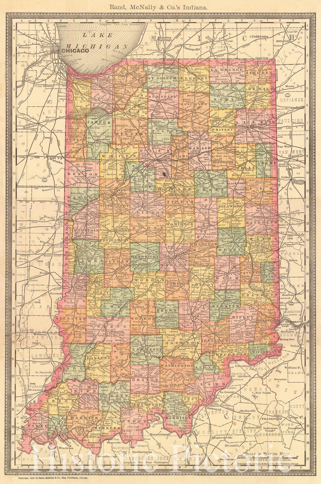 Historic Map : 1888 Rand McNally & Co.'s Indiana : Vintage Wall Art