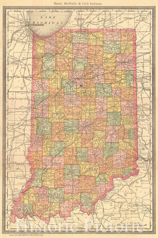 Historic Map : 1888 Rand McNally & Co.'s Indiana : Vintage Wall Art
