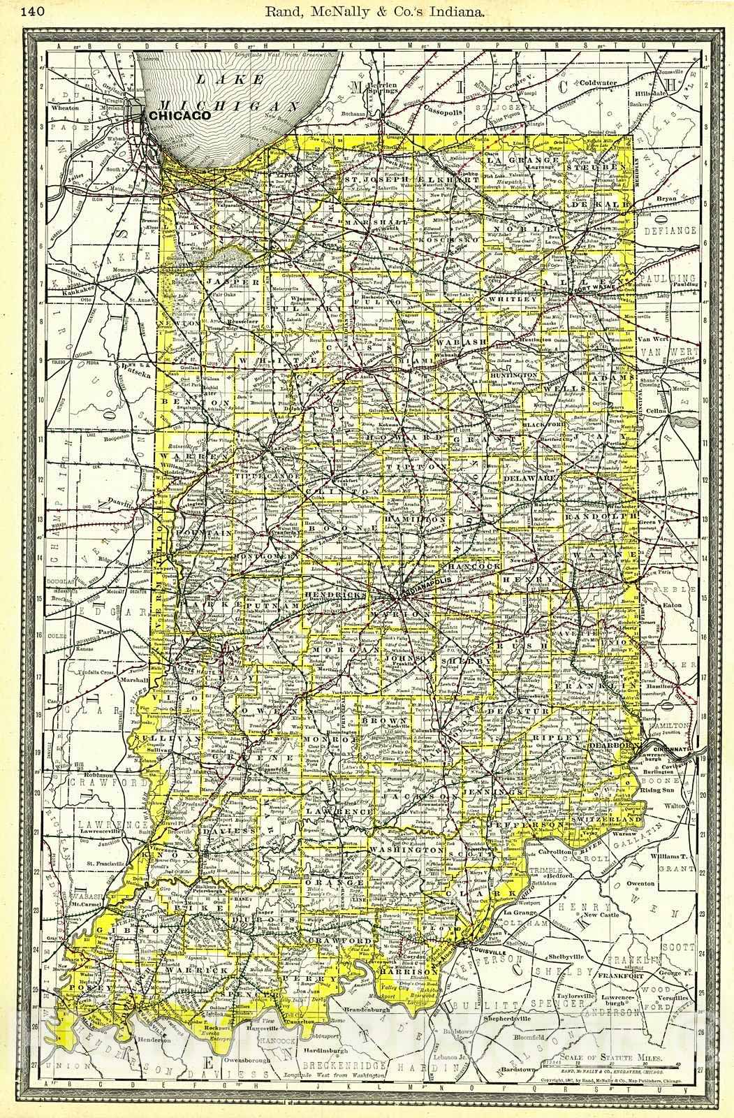 Historic Map : 1889 Indiana : Vintage Wall Art