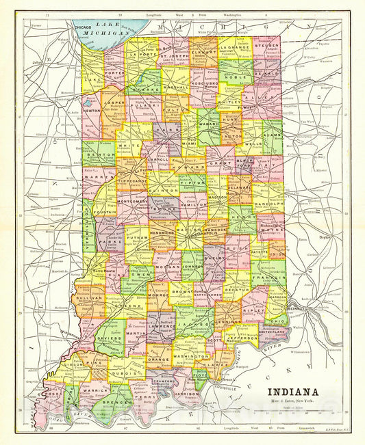 Historic Map : 1892 Indiana : Vintage Wall Art