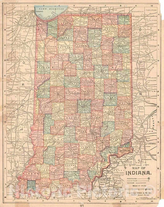 Historic Map : 1893 Map of Indiana : Vintage Wall Art