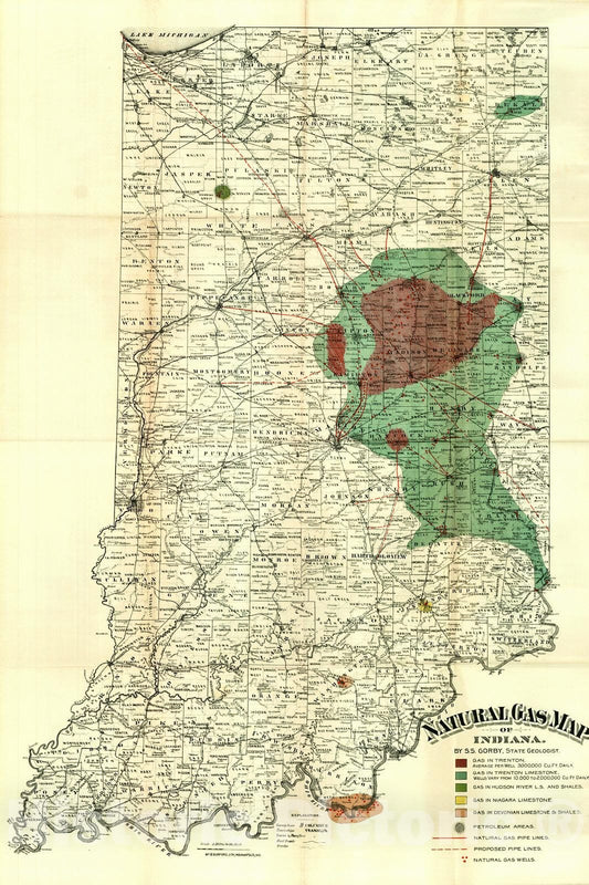 Historic Map : 1893 Natural Gas Map of Indiana : Vintage Wall Art