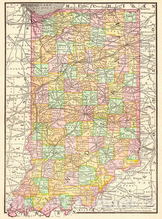 Historic Map : 1895 Indiana : Vintage Wall Art
