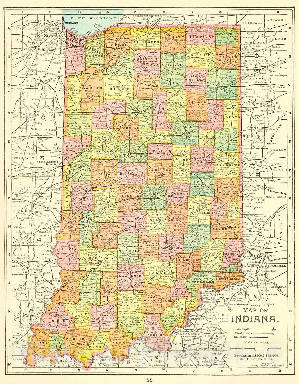 Historic Map : 1898 Map of Indiana  : Vintage Wall Art