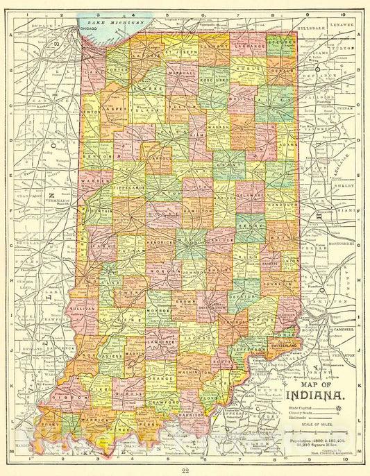 Historic Map : 1898 Map of Indiana  : Vintage Wall Art