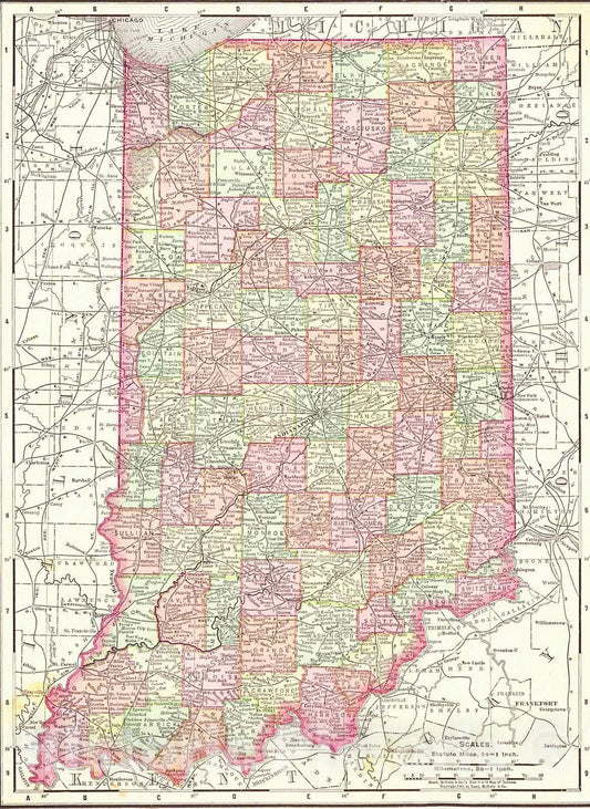 Historic Map : 1898 Rand McNally and Co.'s New Map of Indiana : Vintage Wall Art