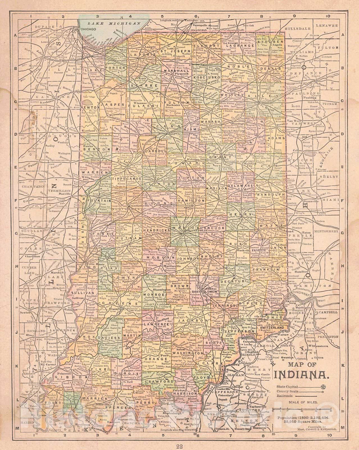 Historic Map : 1898 Map of Indiana : Vintage Wall Art