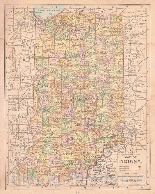 Historic Map : 1898 Map of Indiana : Vintage Wall Art