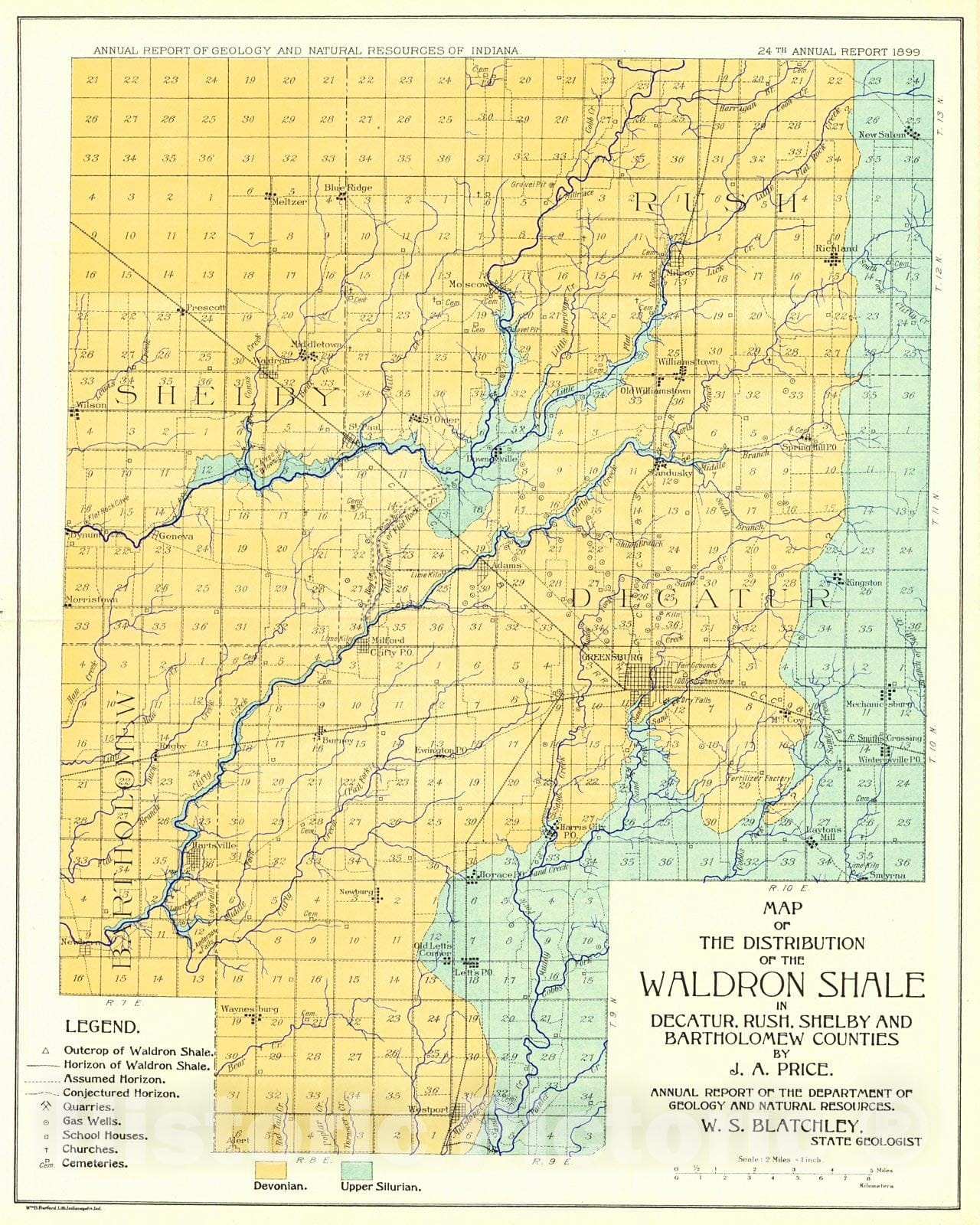 Historic Map : 1899 Map of the Distribution of the Waldron Shale in Decatur, Rush, Shelby, and Bartholomew Counties : Vintage Wall Art