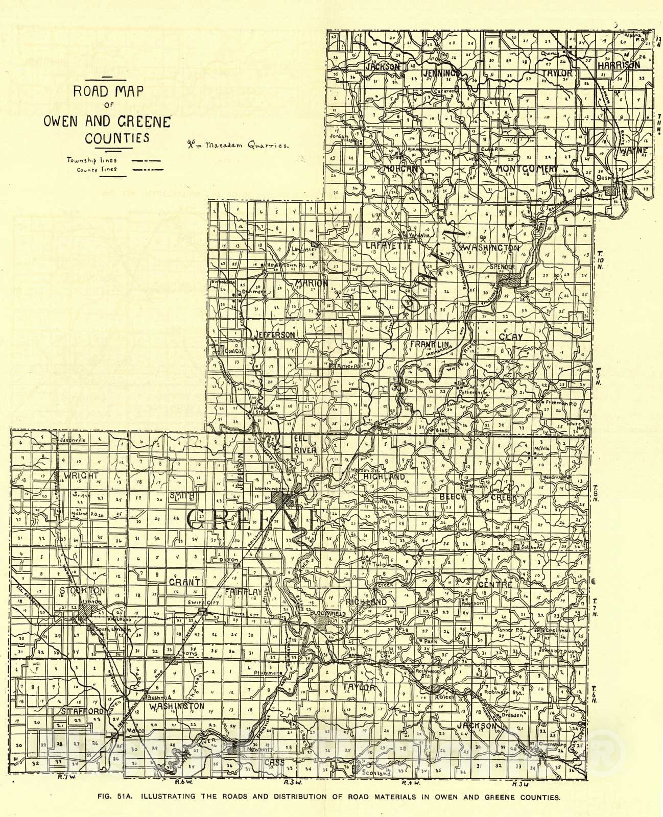 Historic Map : 1906 Map Illustrating the Roads and Distribution of Road Materials in Owen and Greene Counties : Vintage Wall Art