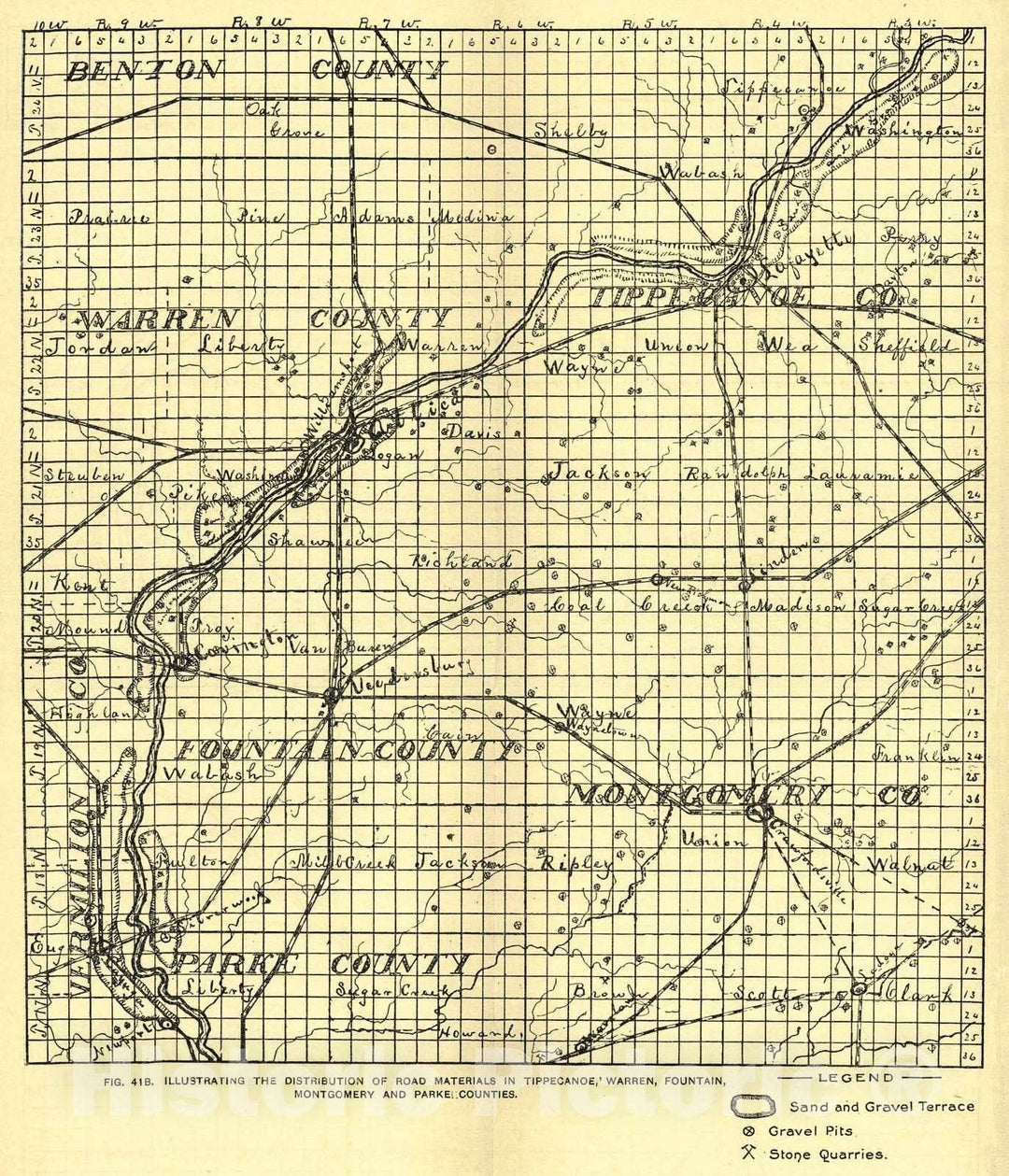 Historic Map : 1906 Map Illustrating the Distribution of Road Materials in Tippecanoe, Warren, Fountain, Montgomery and Parke Counties : Vintage Wall Art