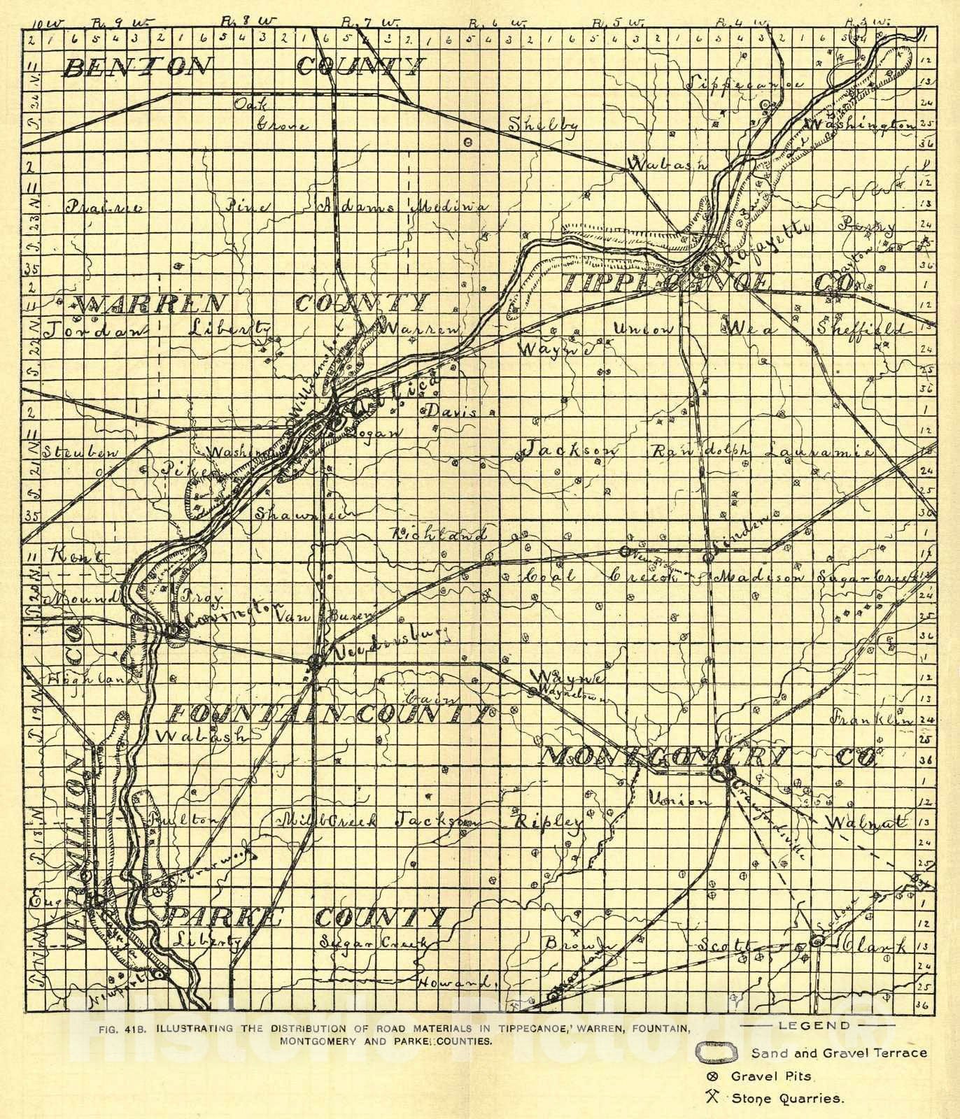 Historic Map : 1906 Map Illustrating the Distribution of Road Materials in Tippecanoe, Warren, Fountain, Montgomery and Parke Counties : Vintage Wall Art