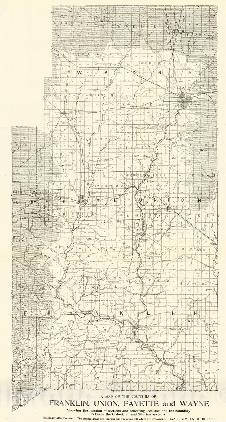 Historic Map : 1907 A Map of the Counties of Franklin, Union, Fayette, and Wayne Showing  the boundary between the Ordovician and Silurian Systems : Vintage Wall Art
