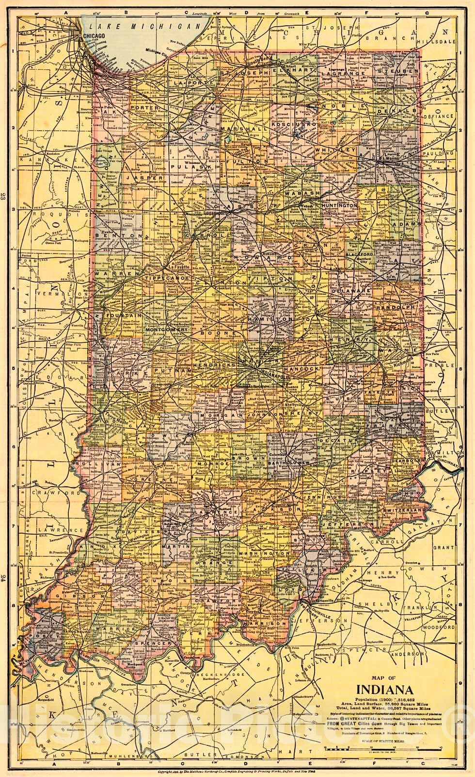 Historic Map : 1908 Indiana : Vintage Wall Art