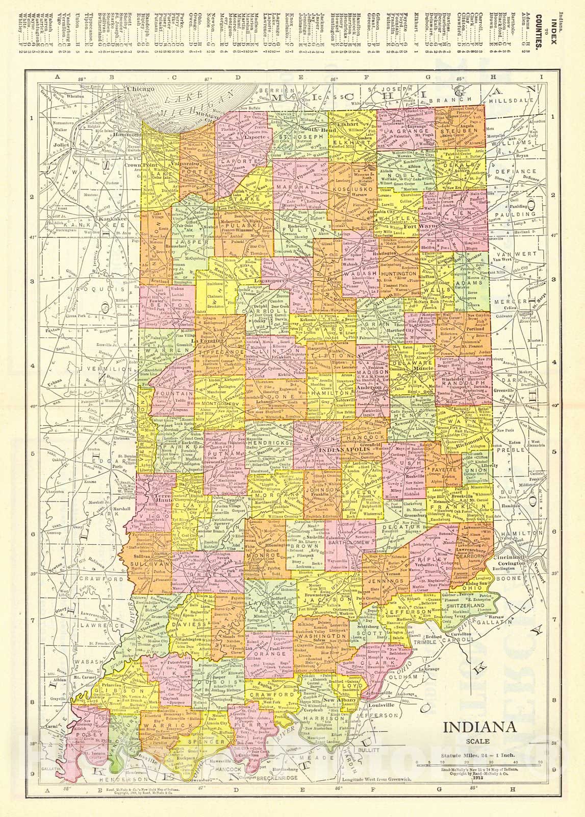 Historic Map : 1913 Rand McNally's New Map of Indiana : Vintage Wall Art