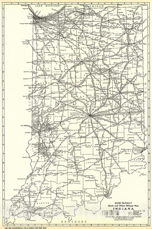 Historic Map : 1921 Indiana- Black and White Mileage Map  : Vintage Wall Art