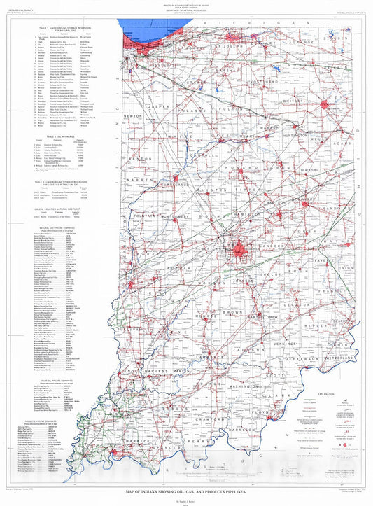 Historic Map : 1973 Map of Indiana Showing Oil, Gas and Products Pipelines : Vintage Wall Art