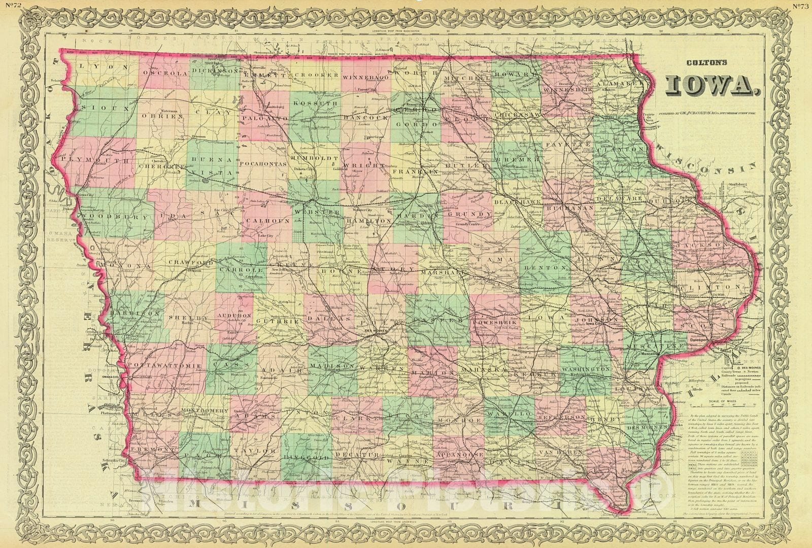 Historic Map : 1872 Colton's Iowa : Vintage Wall Art