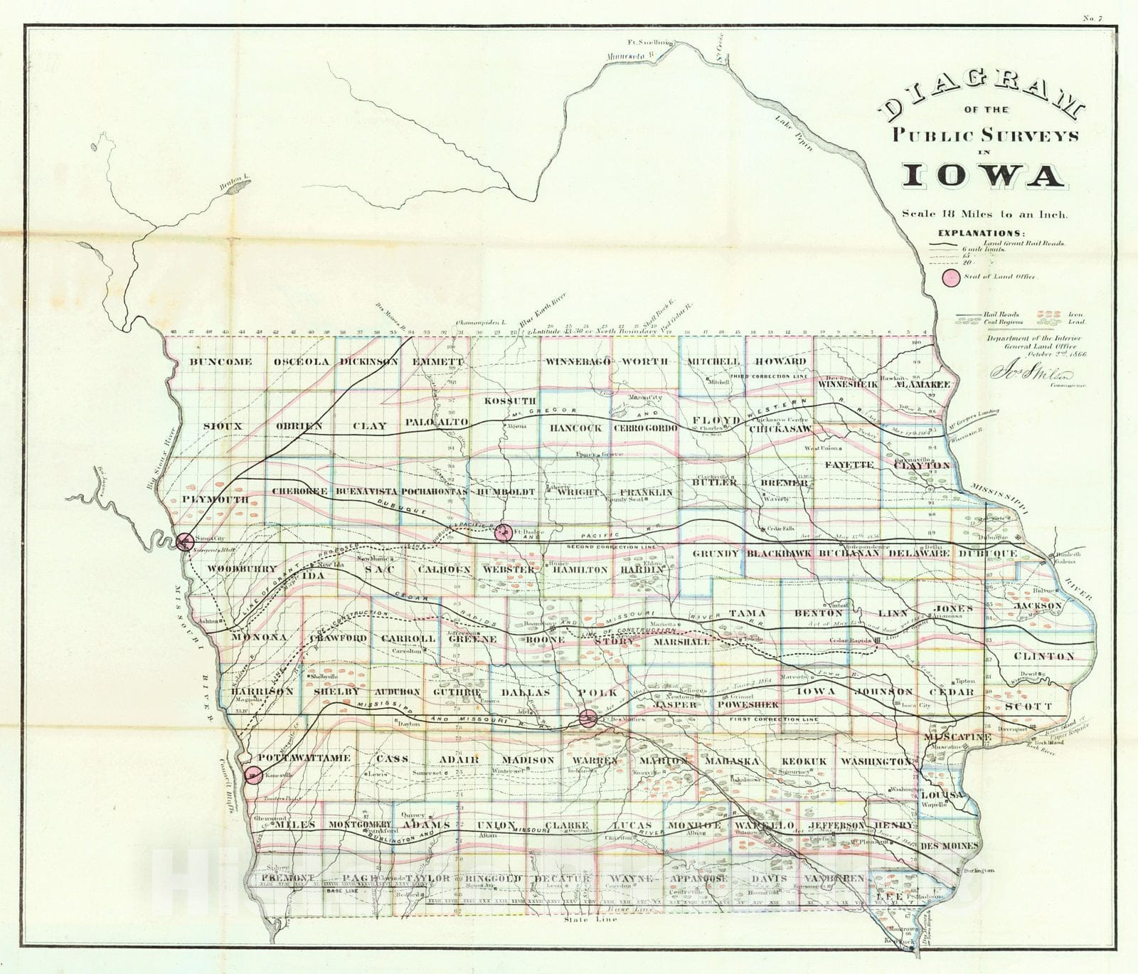 Historic Map : 1866 Diagram of the Public Survey's in Iowa : Vintage Wall Art