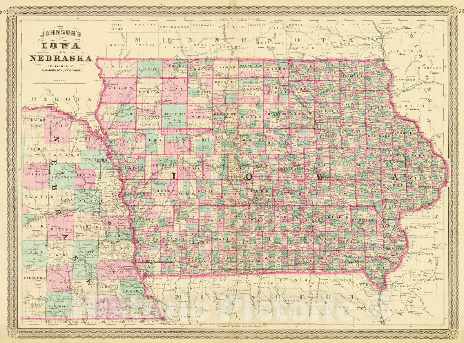 Historic Map : 1870 Johnson's Iowa and Nebraska : Vintage Wall Art
