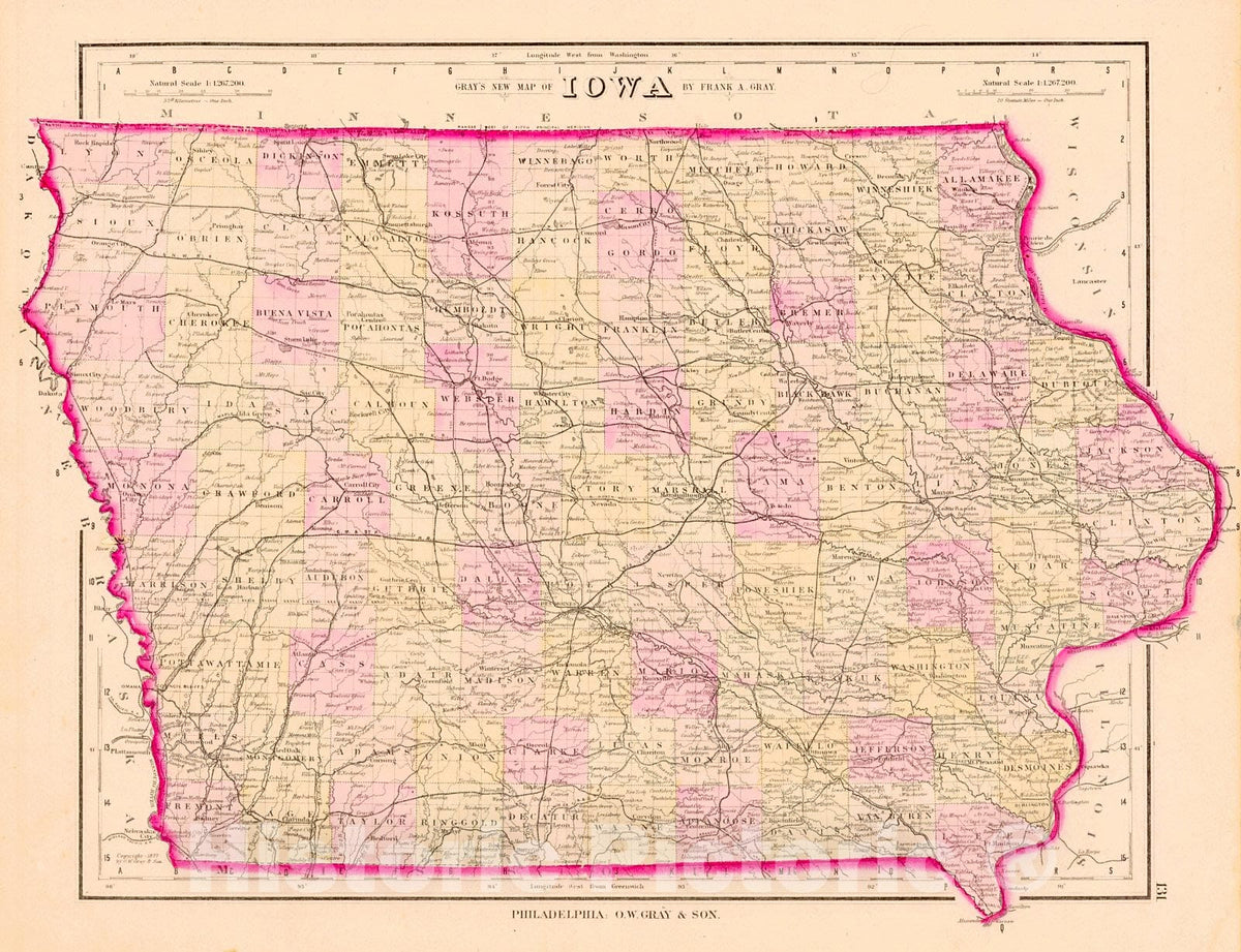 Historic Map : 1877 Gray's New Map of Iowa : Vintage Wall Art