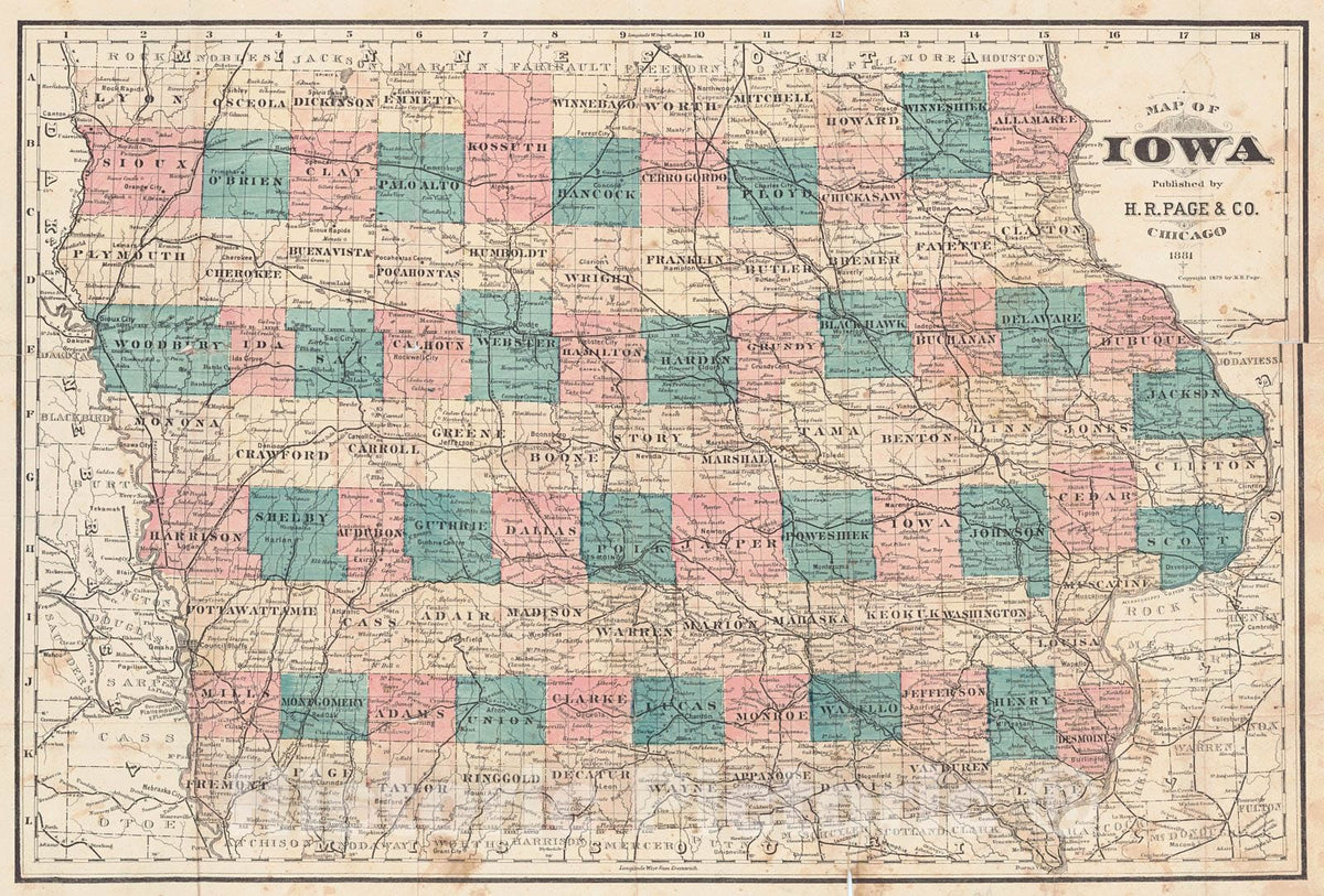 Historic Map : 1881 Map of Iowa : Vintage Wall Art