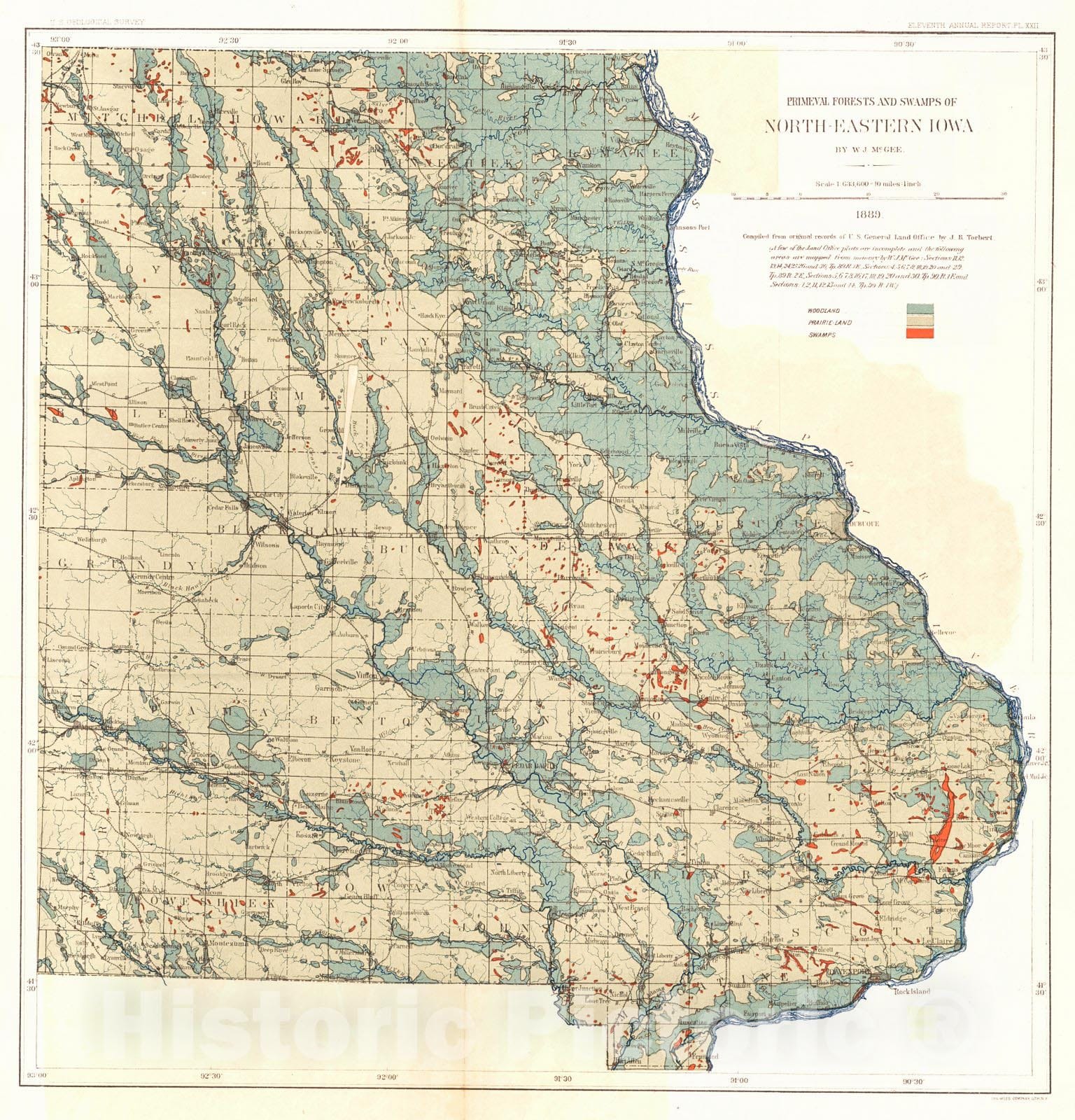Historic Map : 1890 Primeval Forests and Swamps of North-Eastern Iowa : Vintage Wall Art