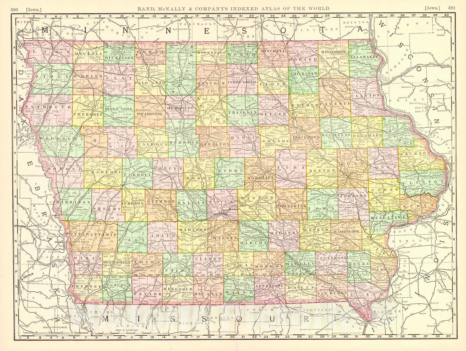 Historic Map : 1899 Rand McNally & Co.'s New Bussiness Atlas Map of Iowa : Vintage Wall Art