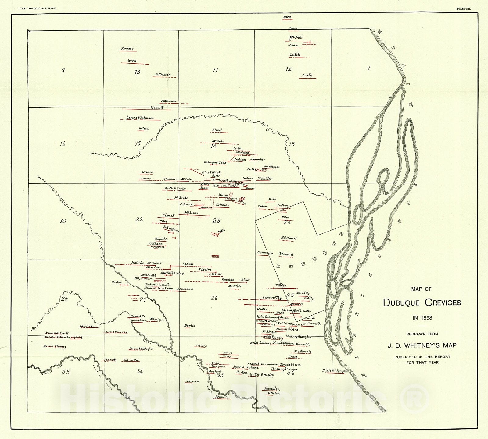 Historic Map : 1900 Map of Dubuque Crevices in 1858, redrawn from J.D. Whitney's Map : Vintage Wall Art