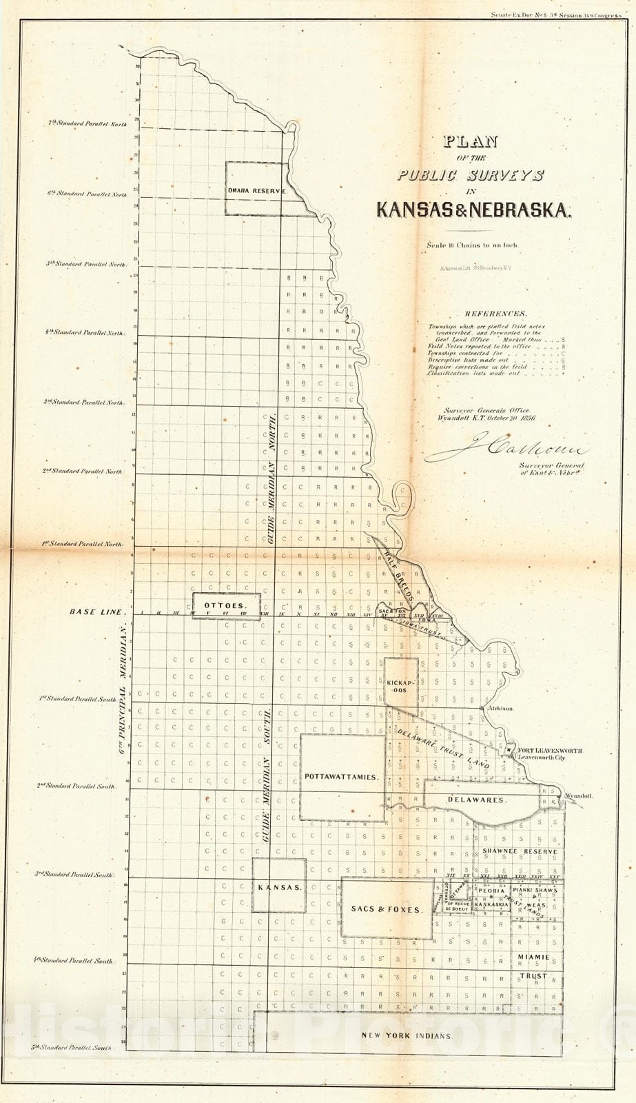 Historic Map : 1856 Plan of the Public Surveys in Kansas & Nebraska : Vintage Wall Art