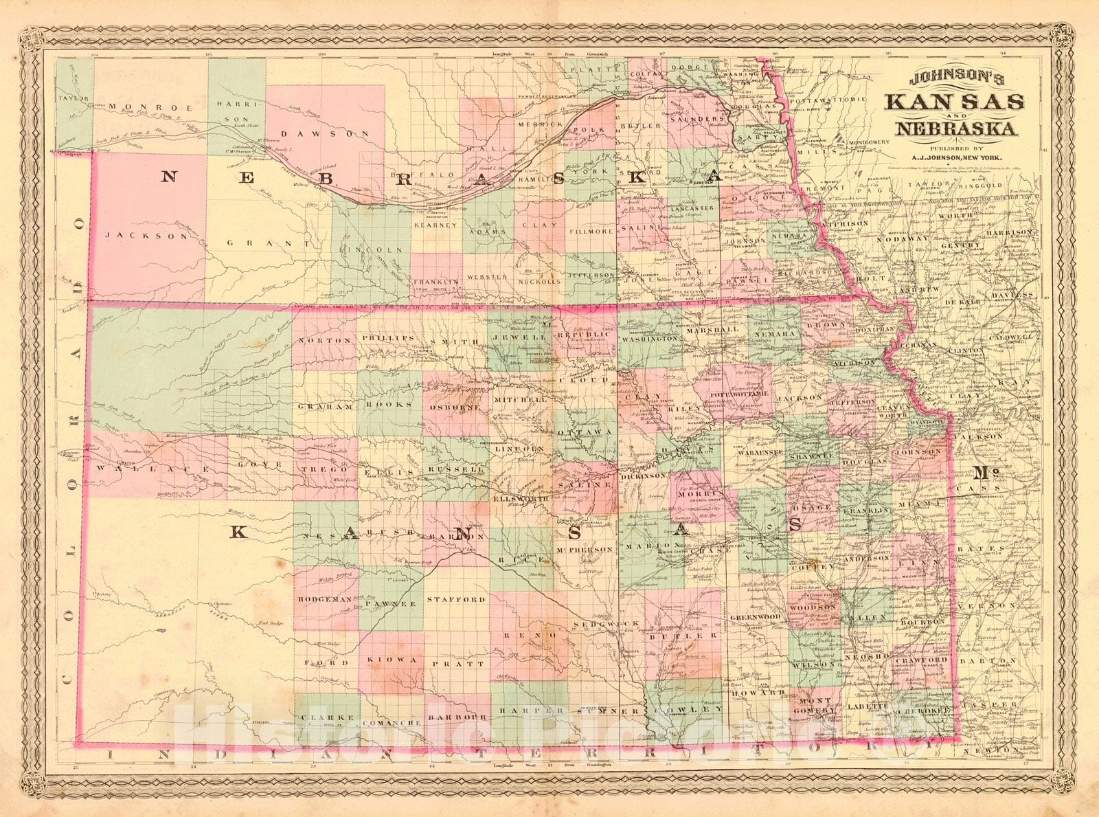 Historic Map : 1870 Johnson's Kansas and Nebraska : Vintage Wall Art