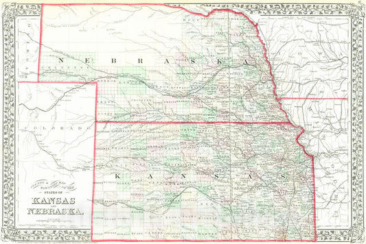 Historic Map : 1874 County and Township map of the states of Kansas and Nebraska : Vintage Wall Art