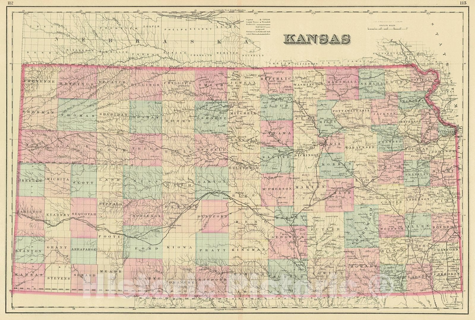 Historic Map : 1876 Kansas : Vintage Wall Art