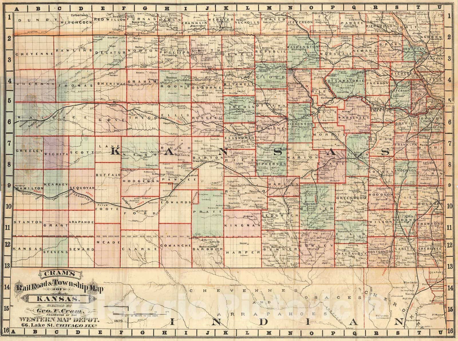 Historic Map : 1879 Cram's Railroad & Township Map of Kansas : Vintage Wall Art