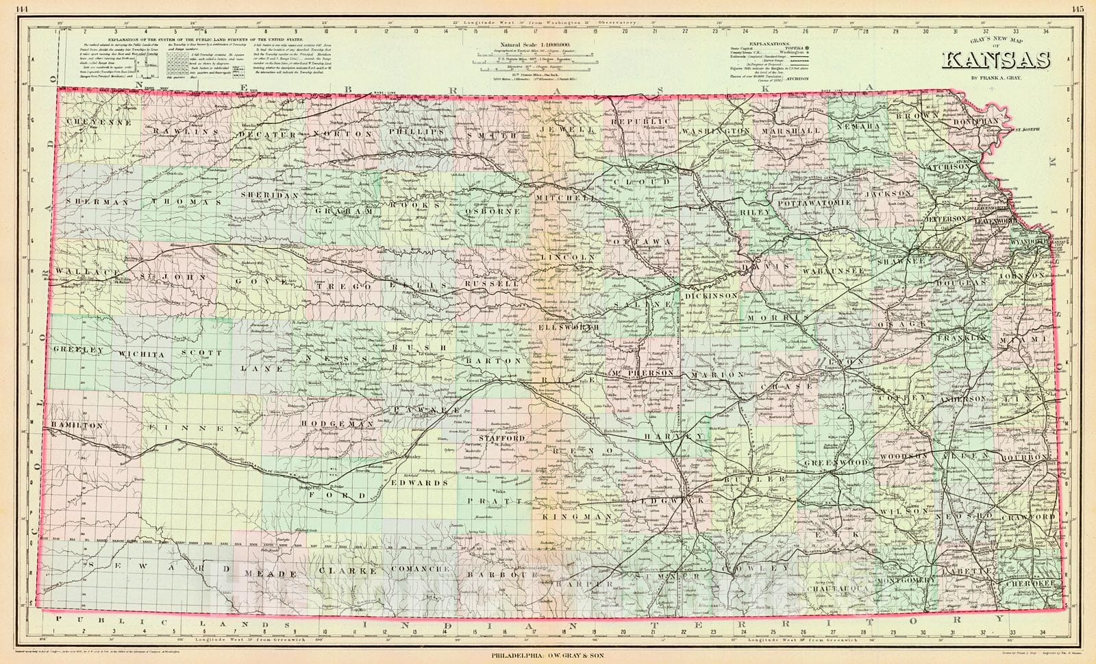 Historic Map : 1881 Gray's New Map of Kansas : Vintage Wall Art