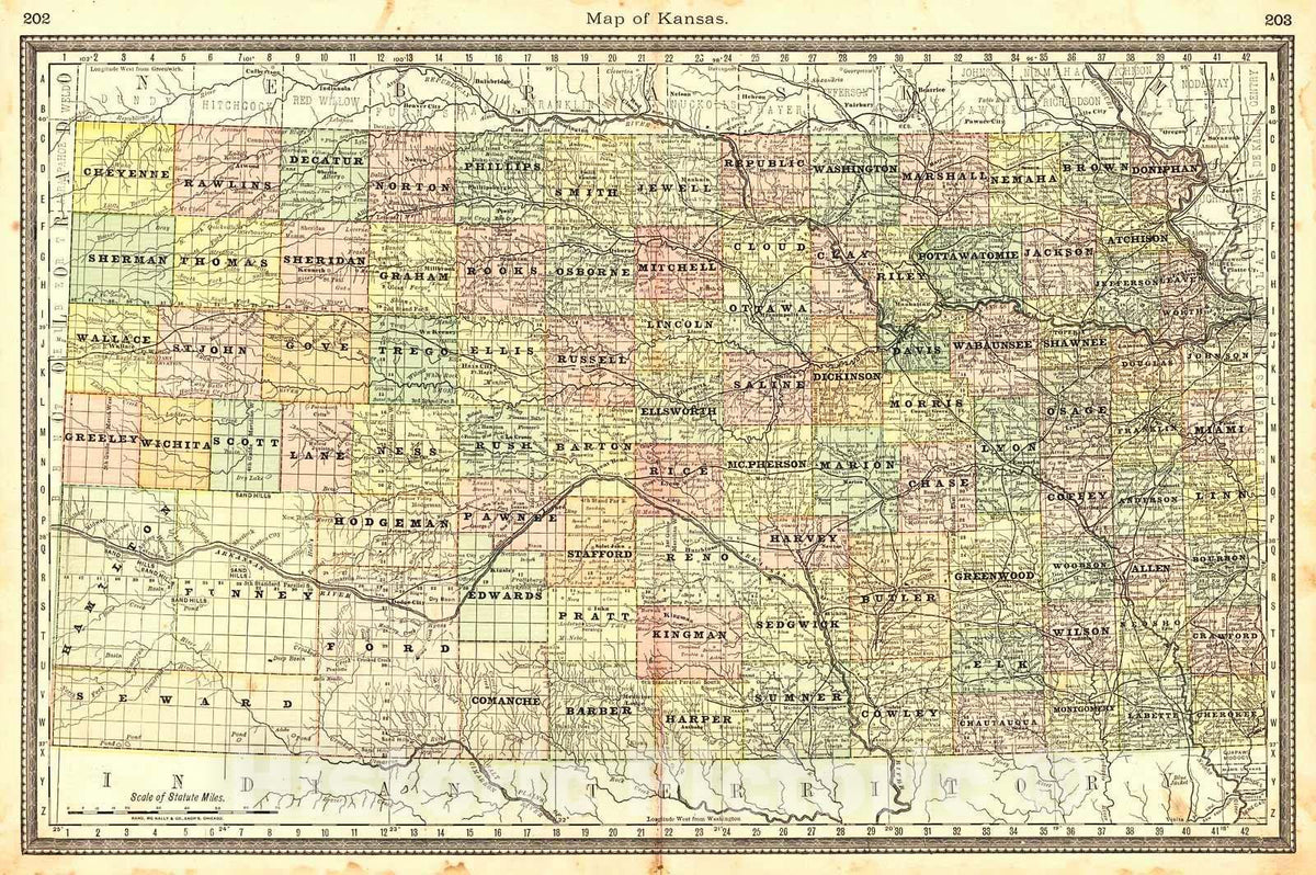 Historic Map : 1883 Map of Kansas : Vintage Wall Art