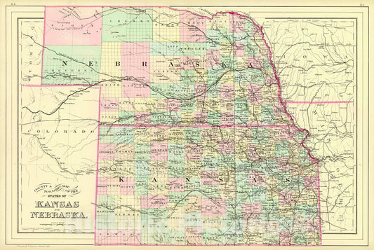 Historic Map : 1884 County & Township Map of the States of Kansas and Nebraska : Vintage Wall Art