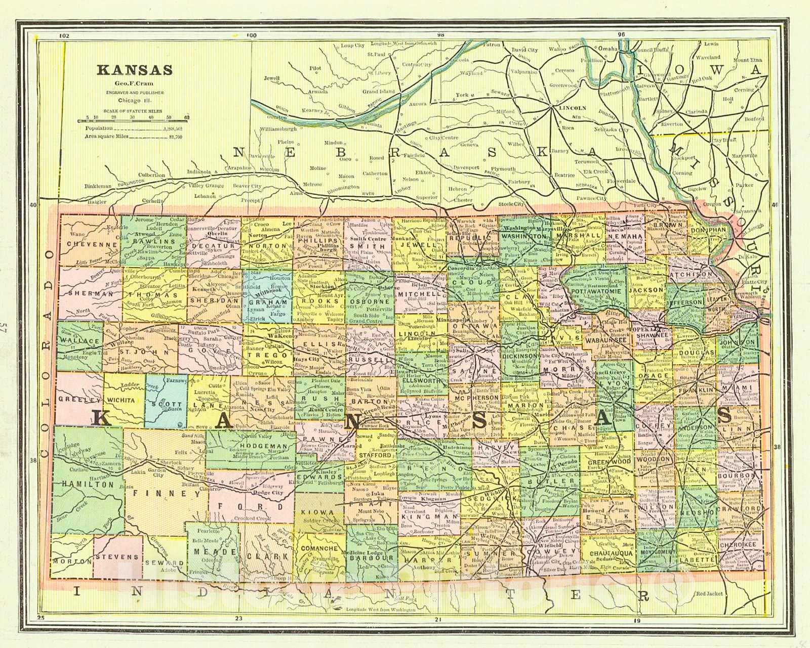 Historic Map : 1887 Kansas : Vintage Wall Art