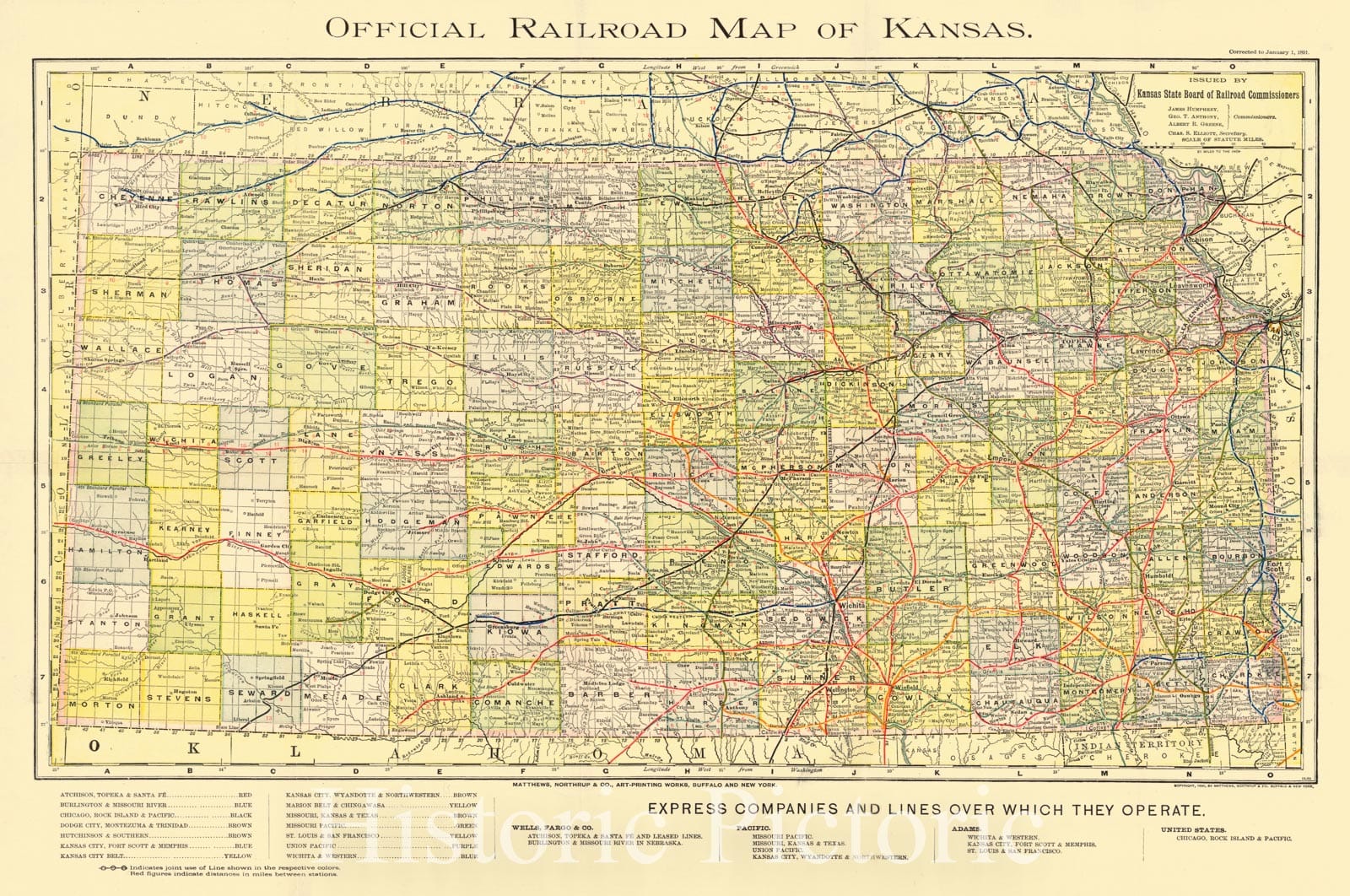 Historic Map : 1890 Official Railroad Map of Kansas : Vintage Wall Art