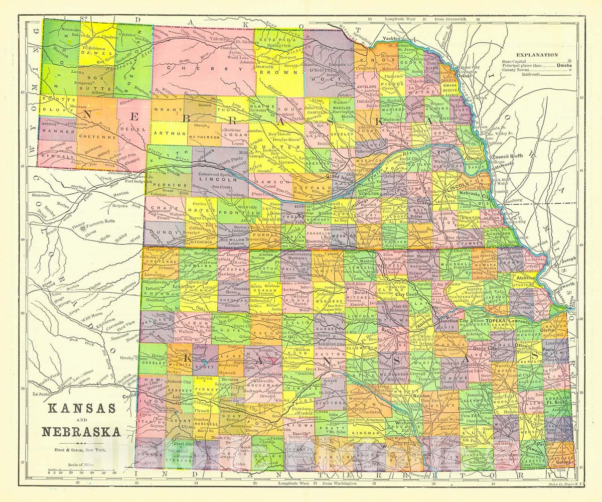 Historic Map : 1892 Kansas and Nebraska : Vintage Wall Art