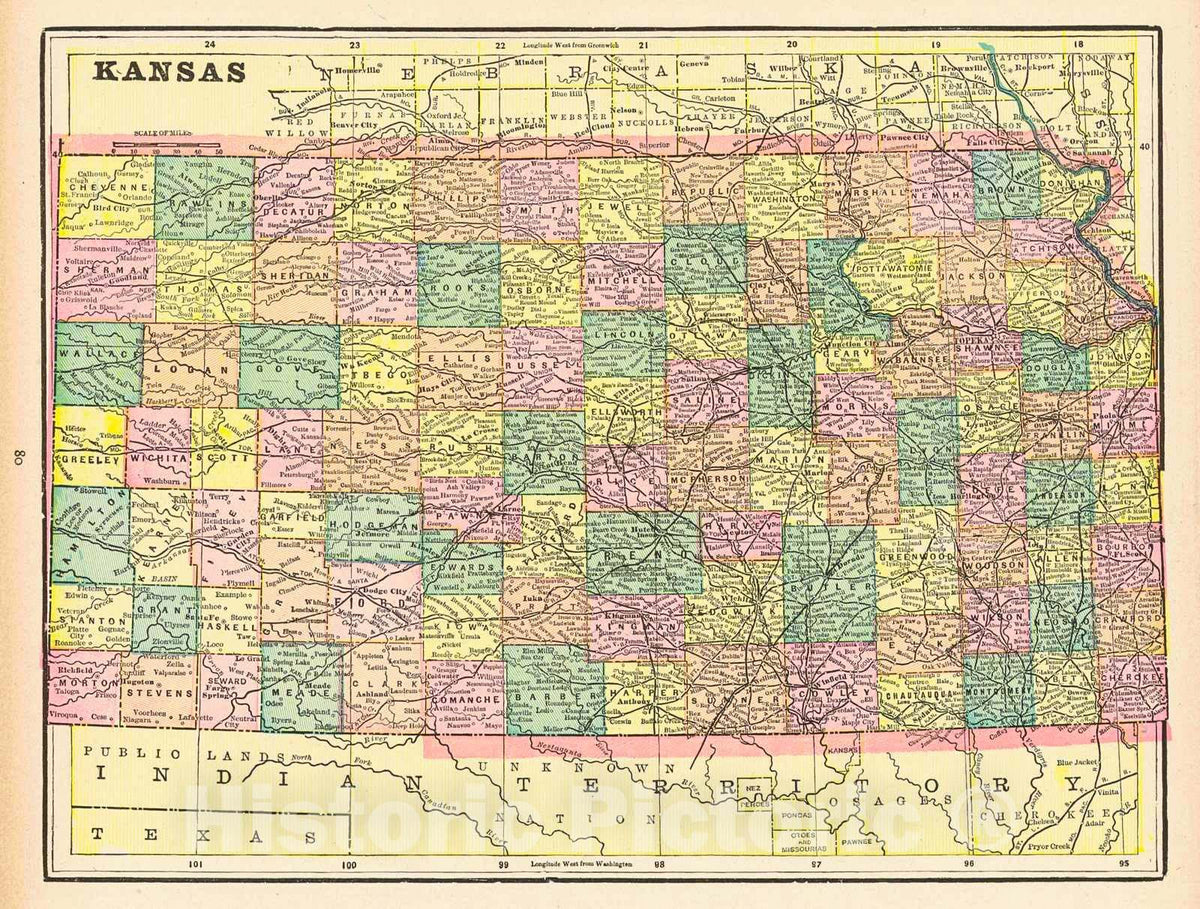 Historic Map : 1893 Kansas : Vintage Wall Art