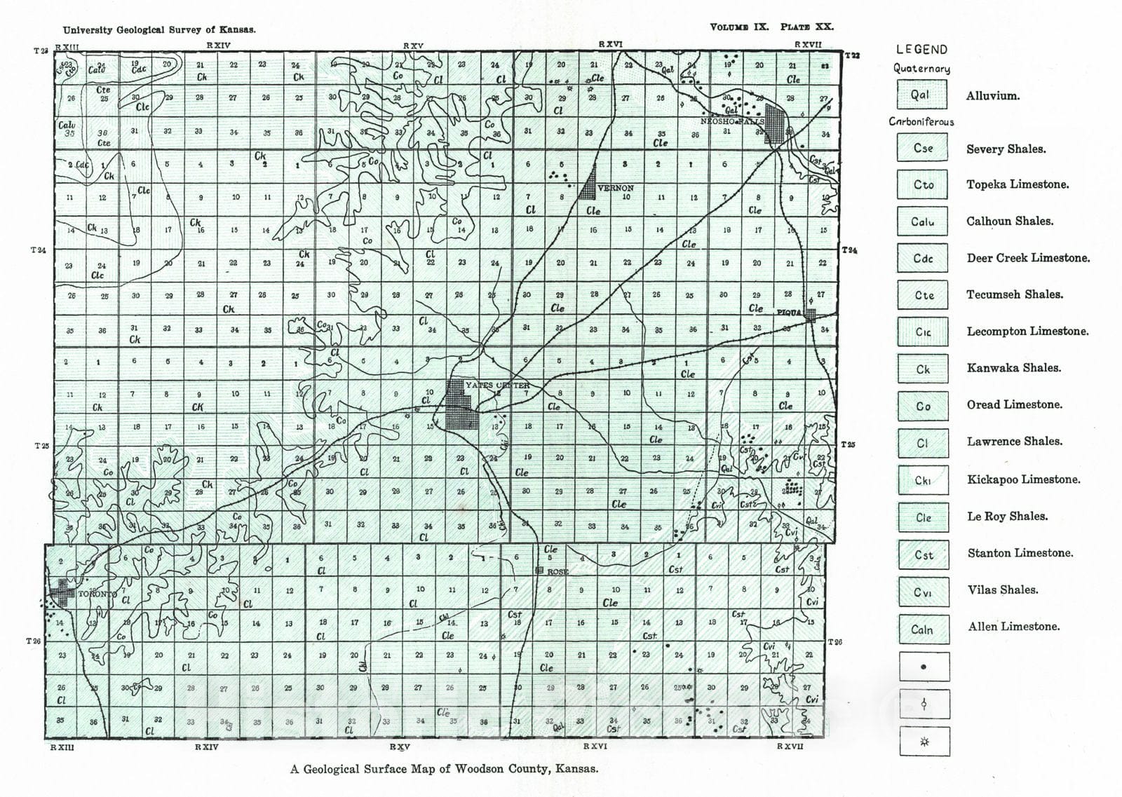 Historic Map : 1908 A Geological Surface Map of Woodson County, Kansas : Vintage Wall Art