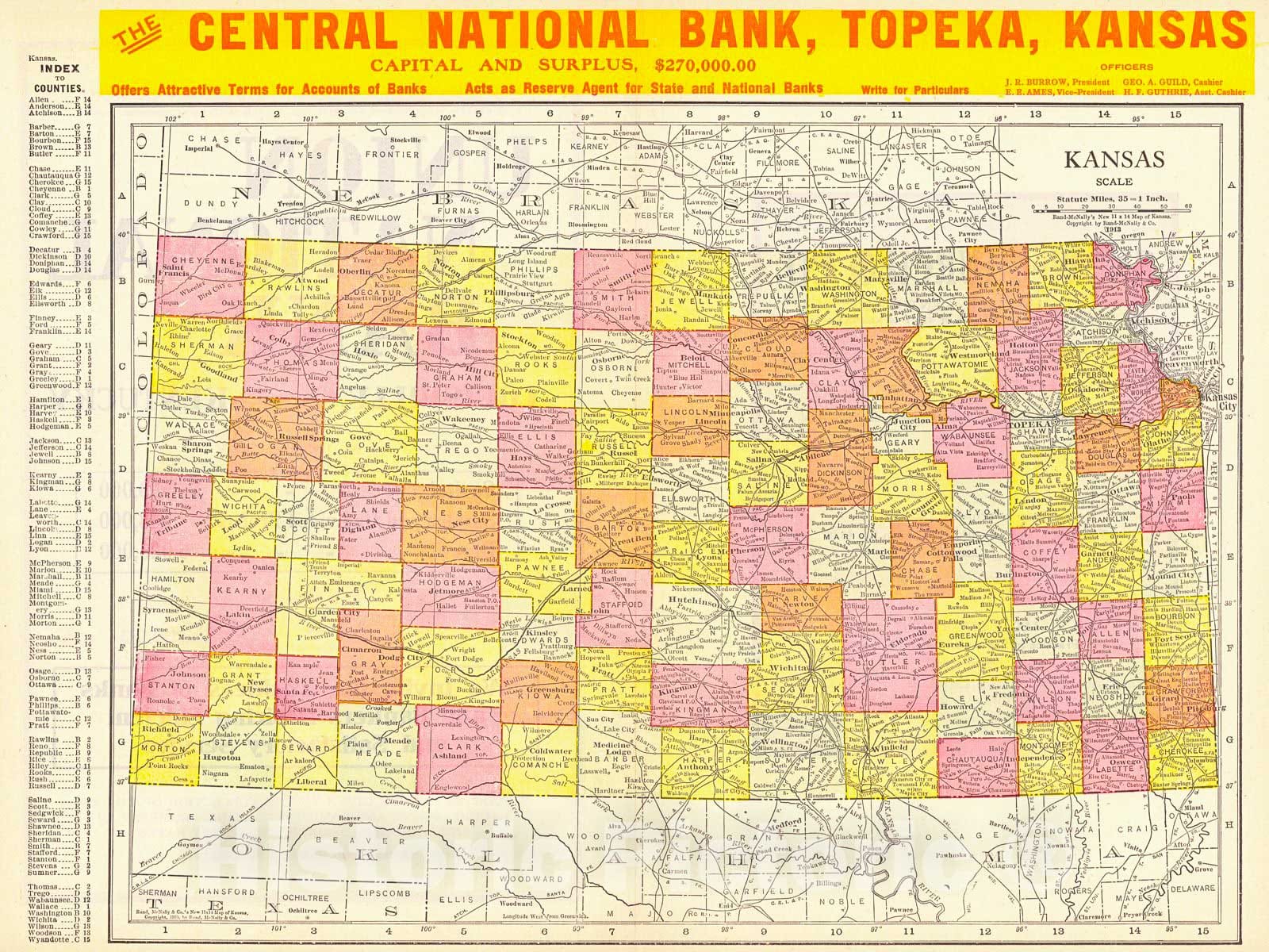 Historic Map : 1913 Rand McNally's New Map of Kansas : Vintage Wall Art