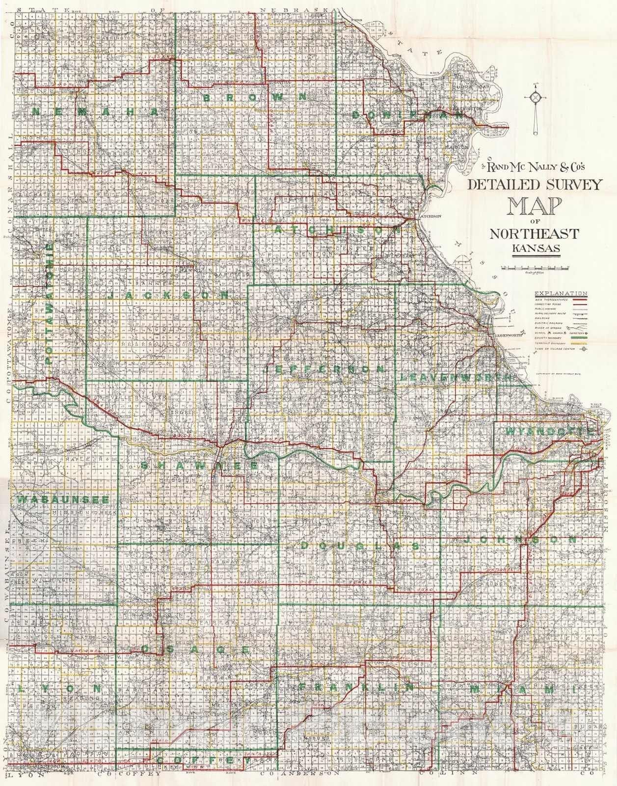 Historic Map : 1915 Rand McNally & Co.'s Detailed Survey Map of North East Kansas : Vintage Wall Art