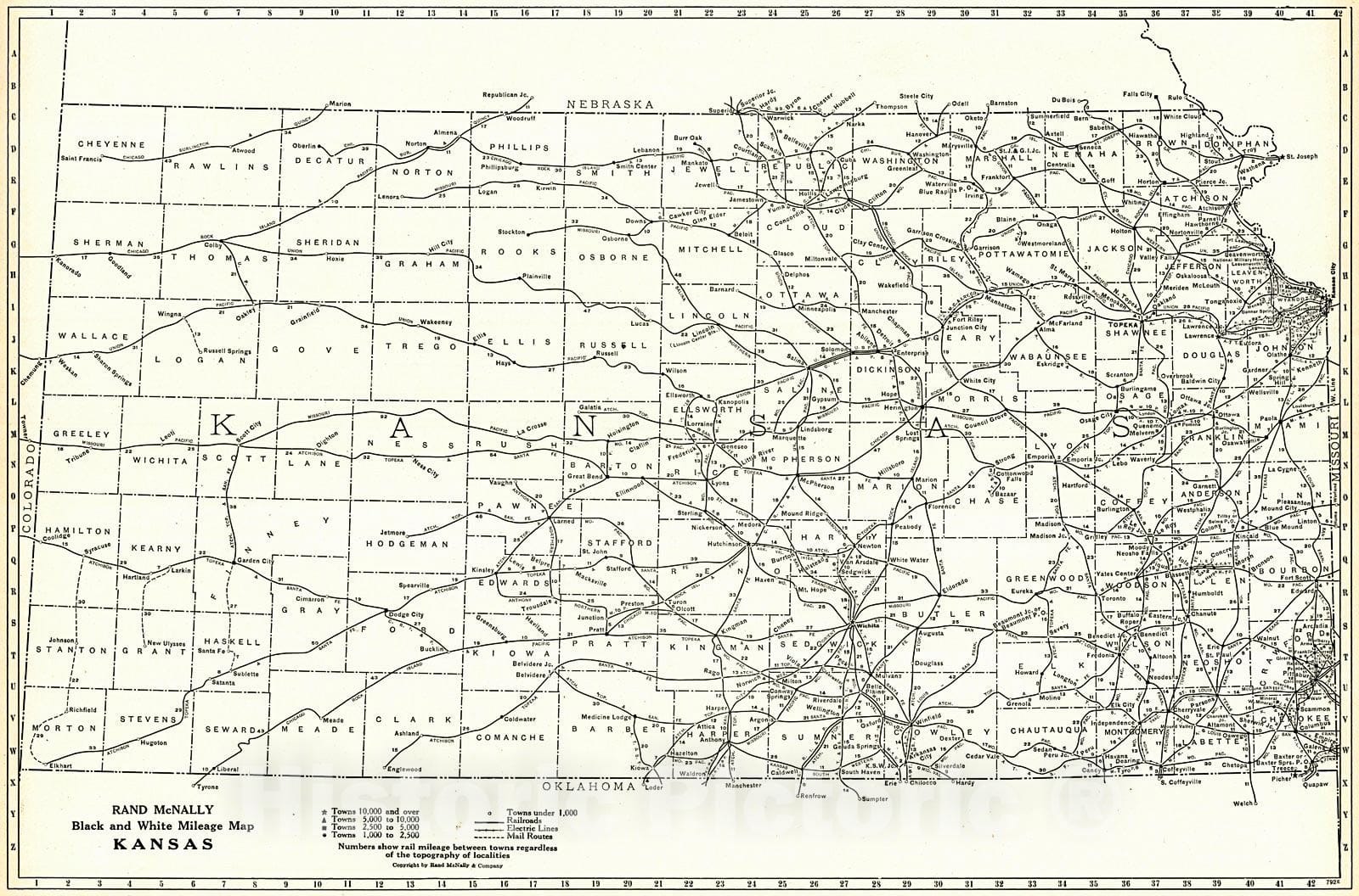 Historic Map : 1921 Kansas: Black and White Mileage Chart  : Vintage Wall Art
